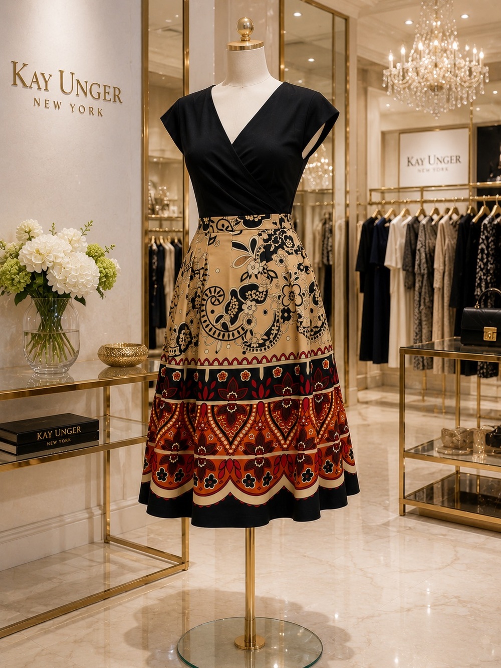 Kay Unger New York Black Surplice Bodice Paisley Border Print Dress sz4